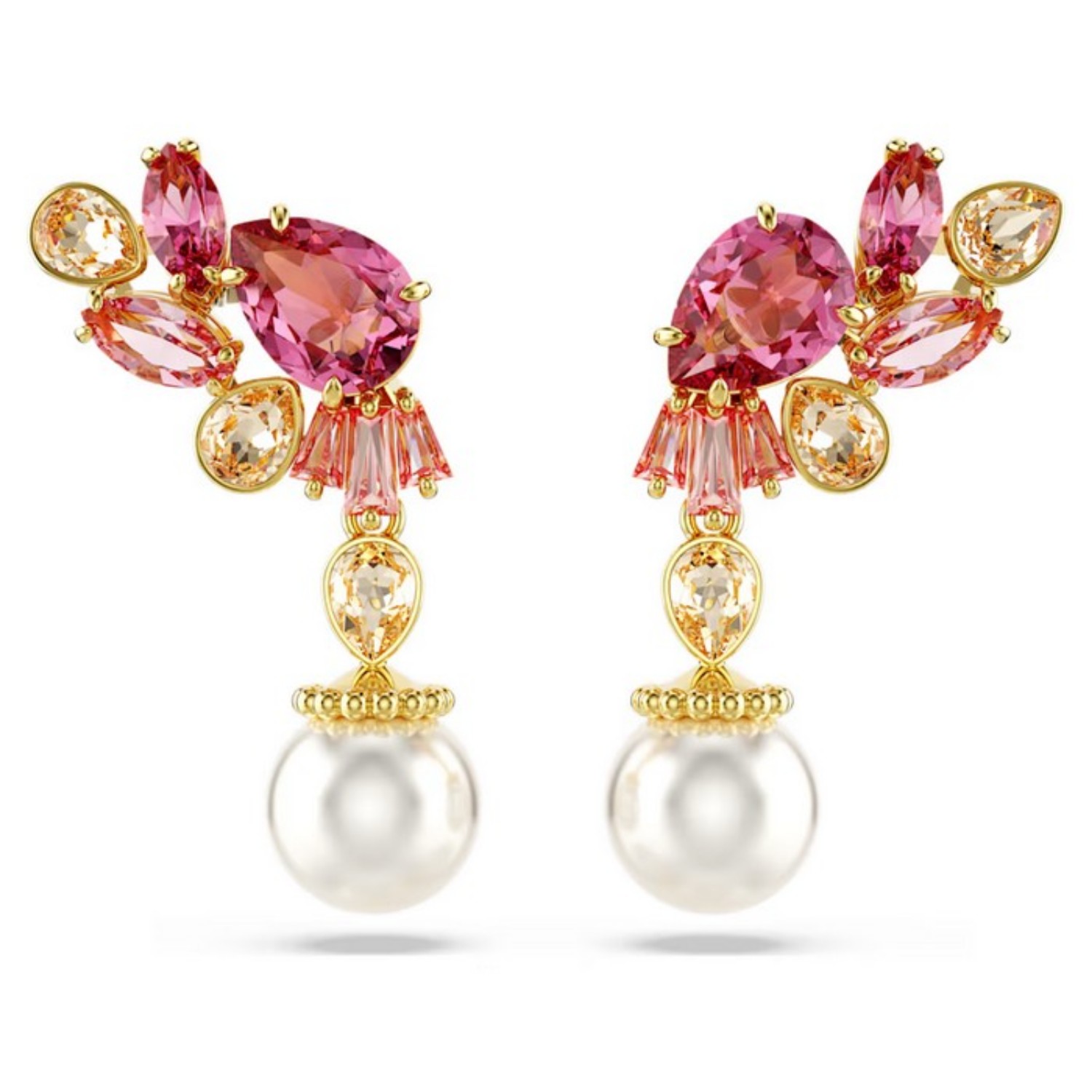 Swarovski øredobber Gema drop Mixed cuts, Crystal pearls, Flower, Pink, Gold-tone plated - 5688486