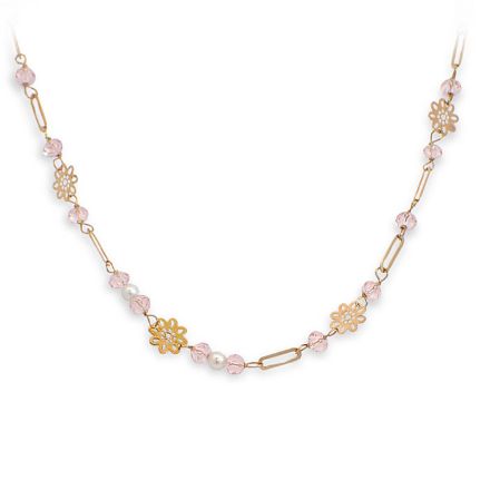 Gullkjede i 14kt gull med perlerog rosa steiner - 1810271 Gullkjede i 14kt gull med perlerog rosa steiner - 1810271