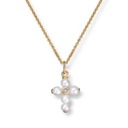 Gullsmykke kors FVP Perle og zirkonia i 14K gult gull - 27495 Gullsmykke kors FVP Perle og zirkonia i 14K gult gull - 27495