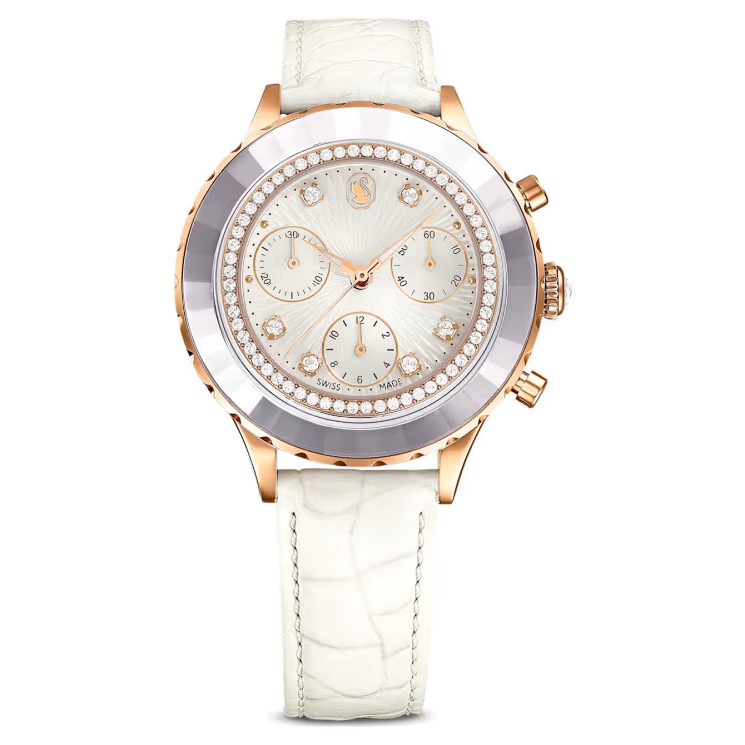 Swarovski klokke Octea Chrono watch Swiss Made, Leather strap, White, Rose gold-tone finish - 5671150