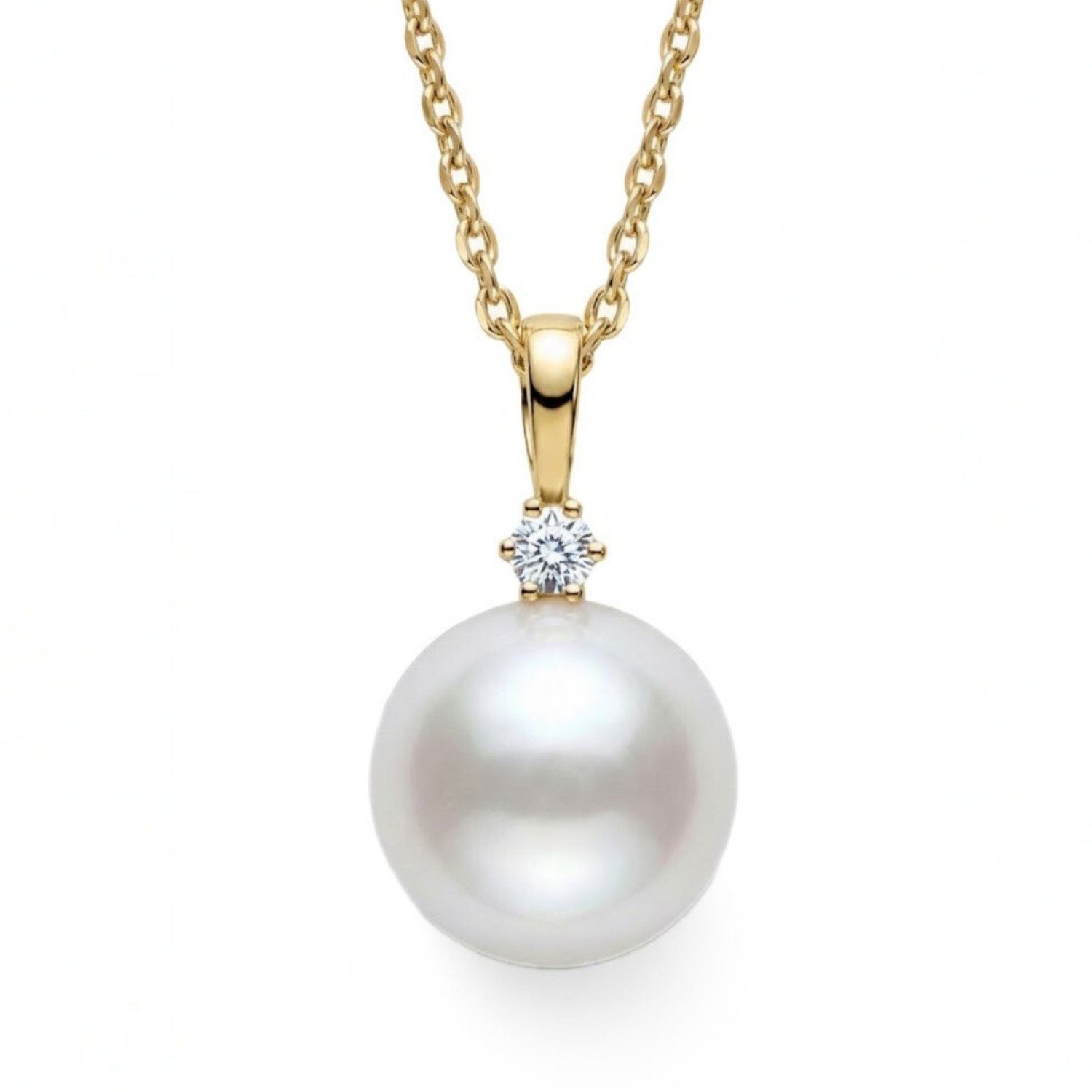 Diamantsmykke i gult gull med 0,03ct W-Si og perle Fv.p. 8.5-9 mm - Bur221120