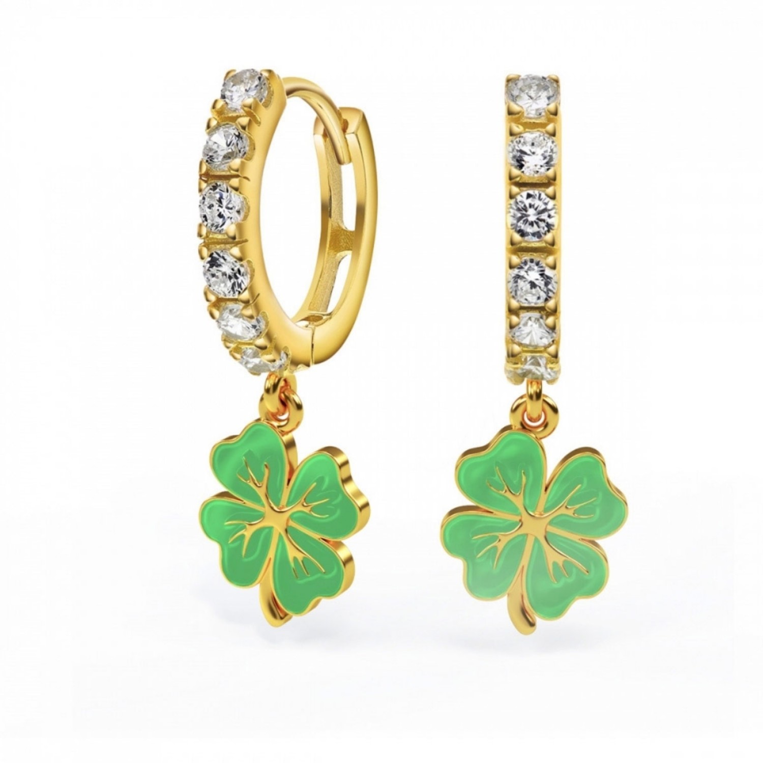 Kreoler i forgylt sølv med cirkonia og grønn firkløver. LIV - 701714